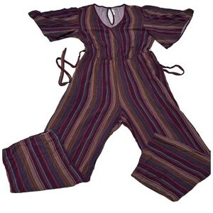 Maurice’s Jump Suit with Belt, Size Large , Plum with Multi Colored Stripes